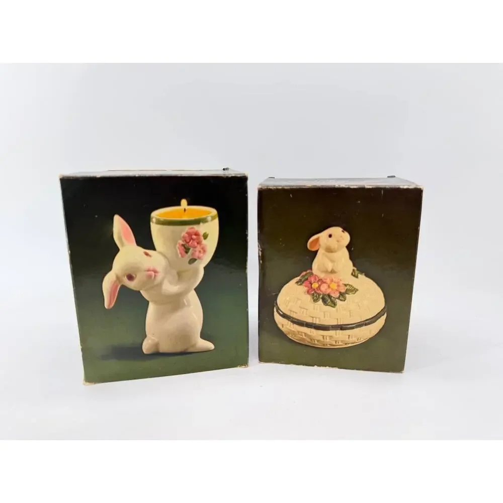 Vintage Avon Easter Bunny Candle Holder Trinket Box Brazil 1981 1982 Set